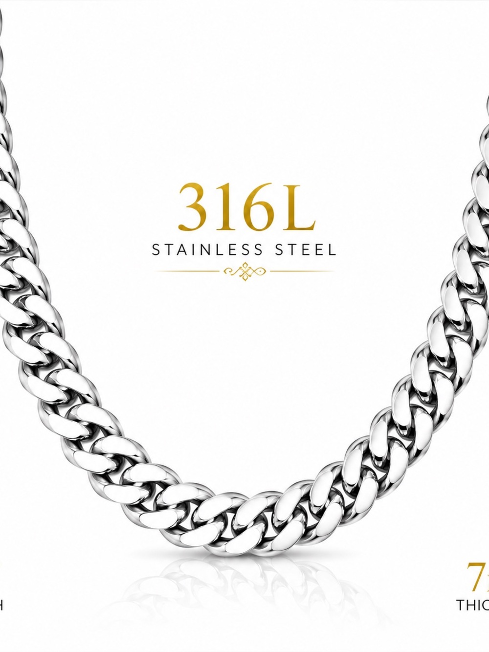 22” 7mm Cuban Link Chain Necklace 18K White Gold Plated 316L Stainless Steel